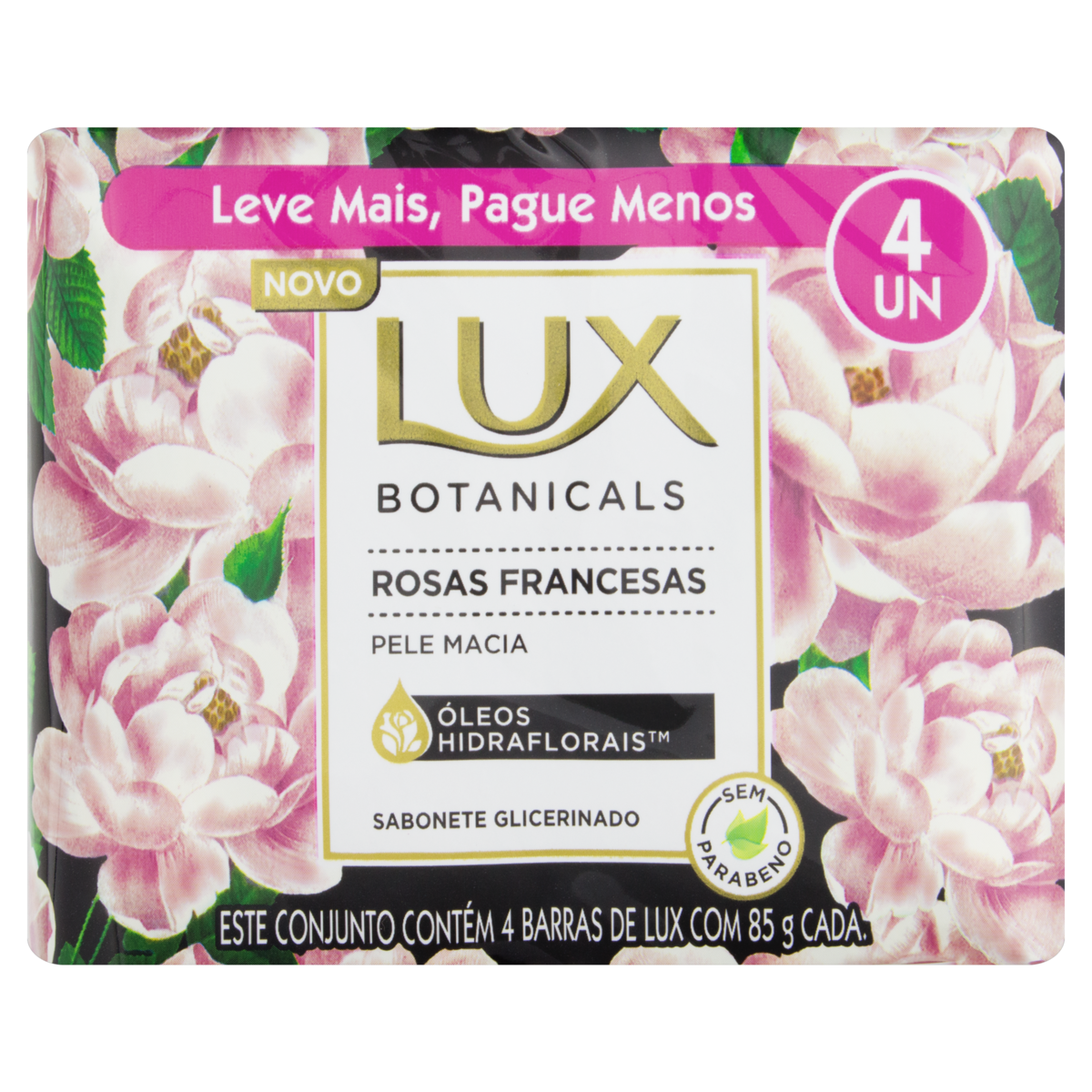 PACK SABONETE BARRA ROSAS FRANCESAS LUX BOTANICALS ENVOLTÓRIO 4 UNIDADES 85G CADA LEVE MAIS PAGUE MENOS