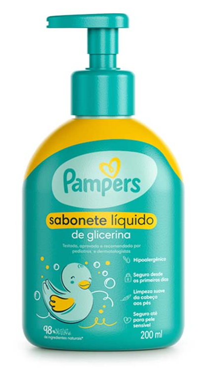 SABONETE INFANTIL LÍQUIDO DE GLICERINA DA CABEÇA AOS PÉS PAMPERS FRASCO 200ML