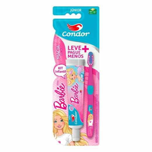 KIT ESCOVA MACIA + GEL DENTAL COM FLÚOR MORANGO KIDS+ 50G BARBIE CONDOR JÚNIOR LEVE MAIS PAGUE MENOS