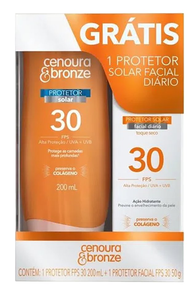 KIT PROTETOR SOLAR FPS 30 200ML + PROTETOR SOLAR FACIAL TOQUE SECO FPS 30 50G CENOURA & BRONZE