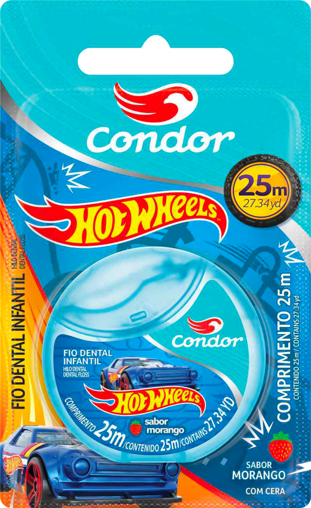 FIO DENTAL INFANTIL COM CERA MORANGO HOT WHEELS CONDOR 25M