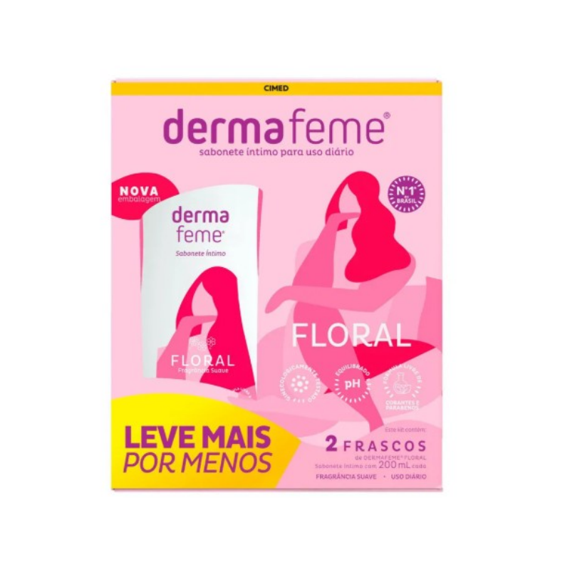 PACK SABONETE LÍQUIDO ÍNTIMO SUAVE FLORAL DERMAFEME FRASCO 2 UNIDADES 200ML CADA