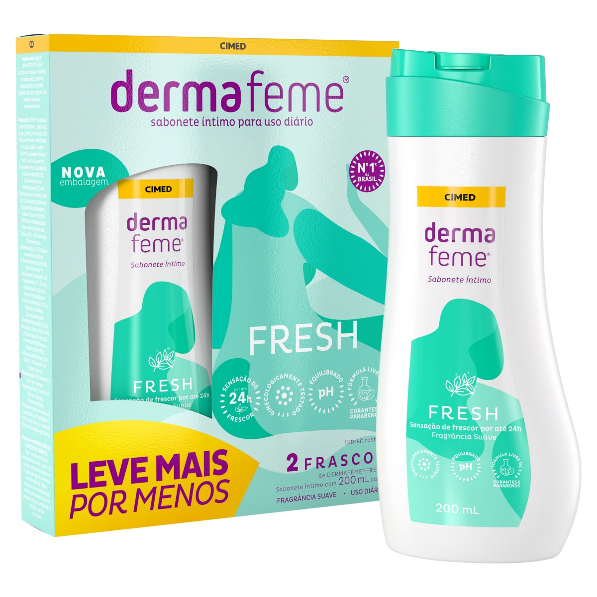 PACK SABONETE LÍQUIDO ÍNTIMO SUAVE FRESH DERMAFEME FRASCO 2 UNIDADES 200ML CADA