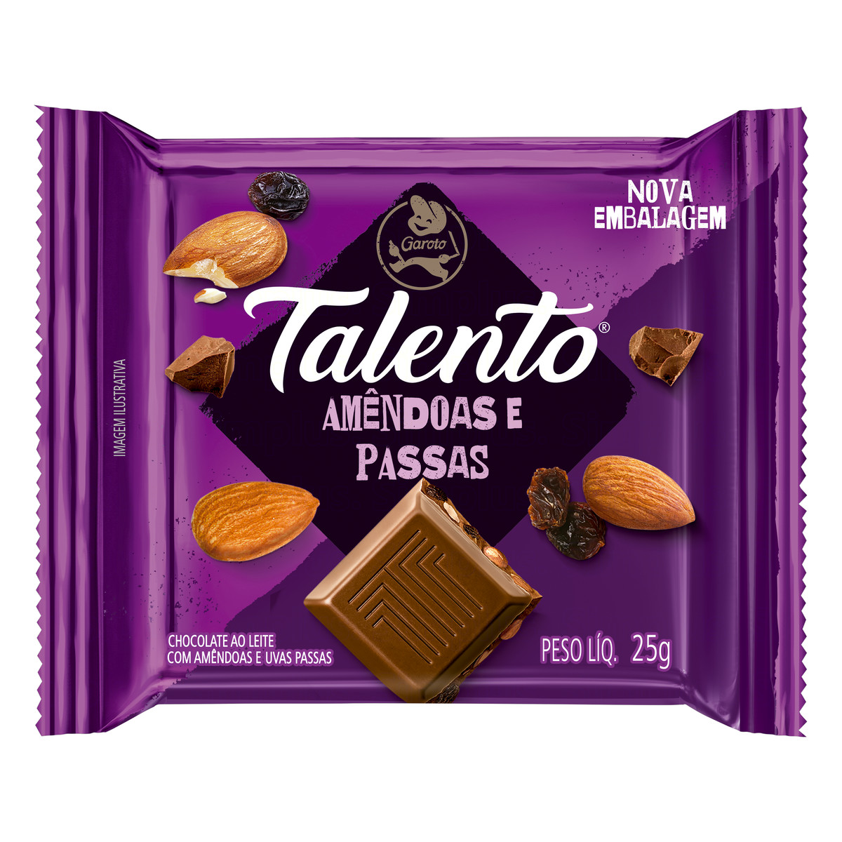 CHOCOLATE AO LEITE COM AMÊNDOAS E PASSAS GAROTO TALENTO PACOTE 25G