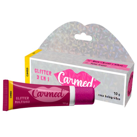 BLUSH, BATOM E SOMBRA 3 EM 1 TUTTI FRUTTI ROSA HOLOGRÁFICO GLITTER CARMED 10G