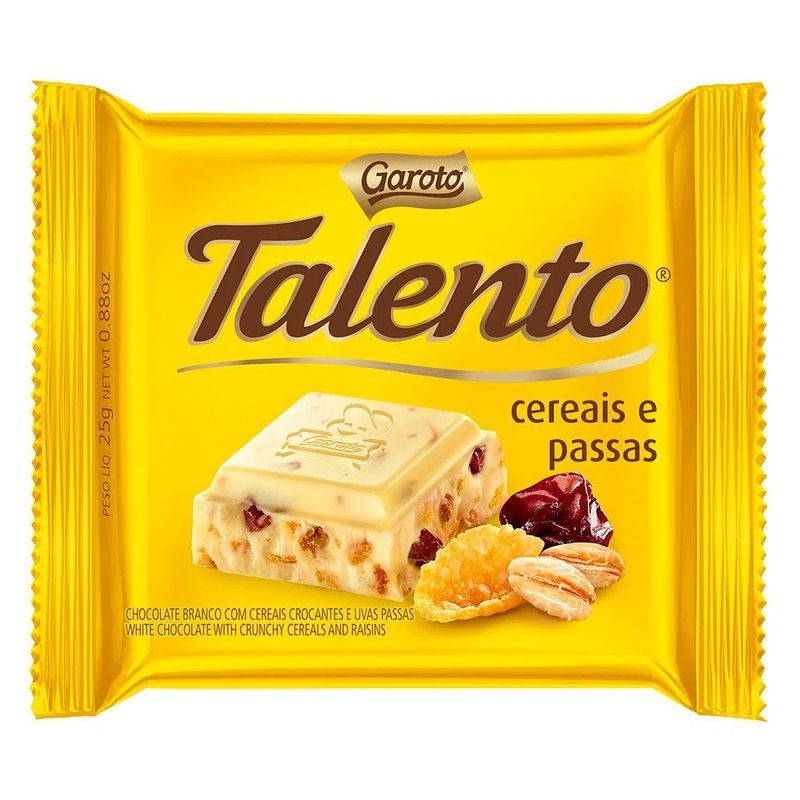 CHOCOLATE BRANCO COM CEREAIS E PASSAS GAROTO TALENTO PACOTE 25G