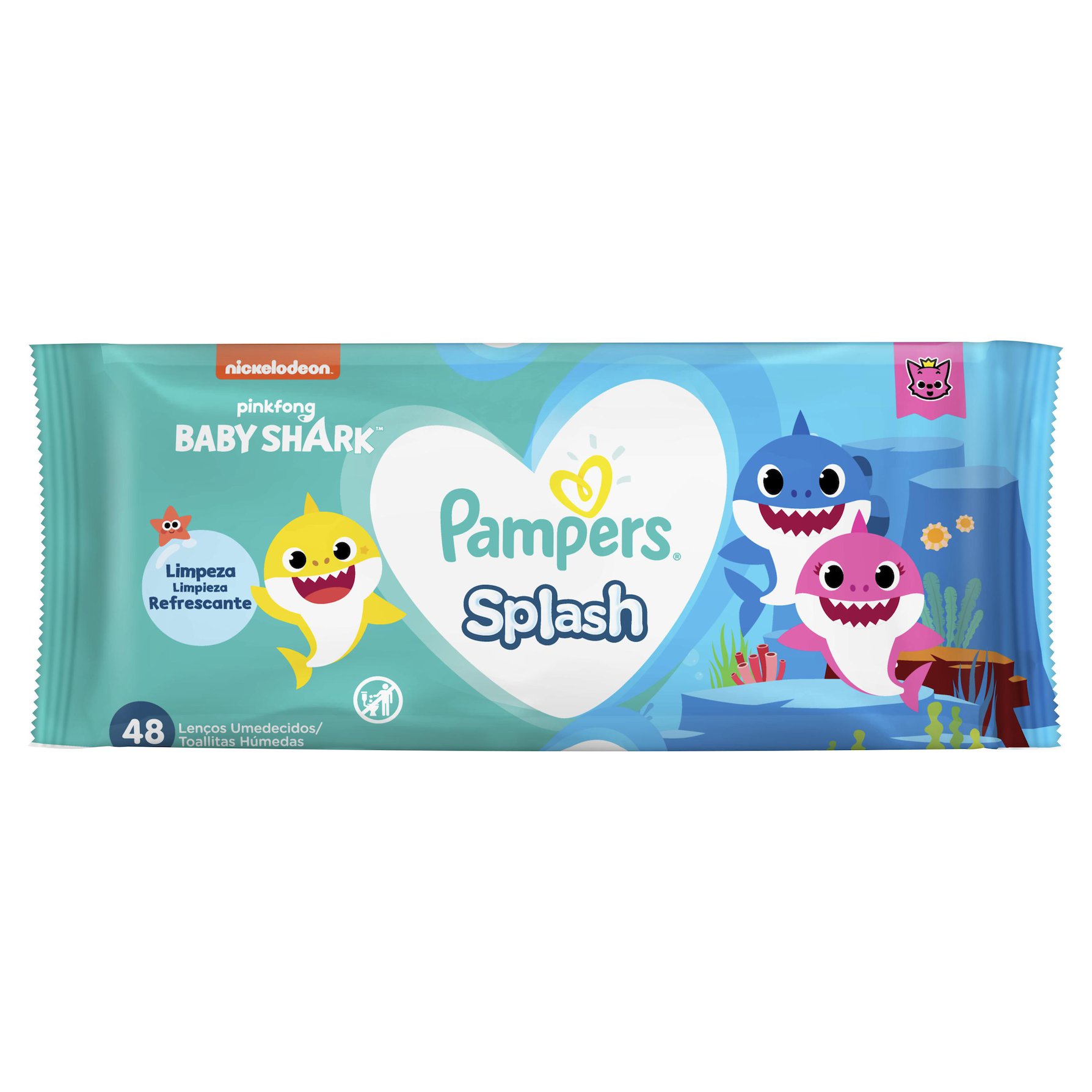 LENÇO UMEDECIDO BABY SHARK PAMPERS SEMPRE LIMPO PACOTE 48 UNIDADES