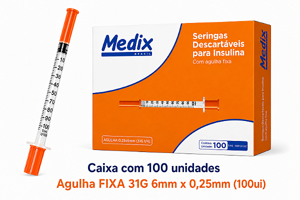 MEDIX, SERINGA DESCARTÁVEL PARA INSULINA COM AGULHA 6 X 0.25 31 G¼ 1ML 100 UI CAIXA COM 100 UNIDADES