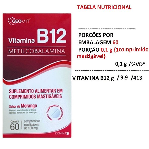 GEOVIT VITAMINA B12 METILCOBALAMINA MORANGO 60CPS MASTG DOMINA