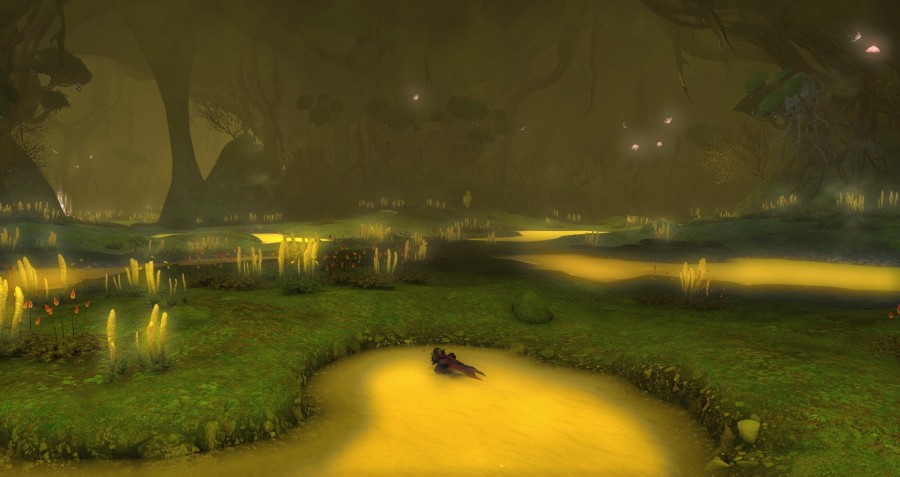 The first area of Aurum Vale, with boggy yellow waters and plantlife