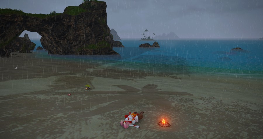 Lopp lying on a beach in the rain next to a campfire