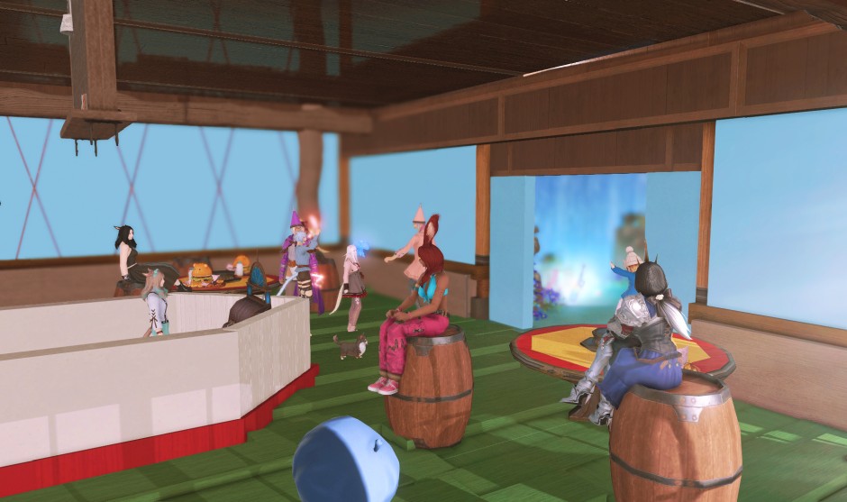 Inside the Krusty Krab, where adventurers sit on barrels!