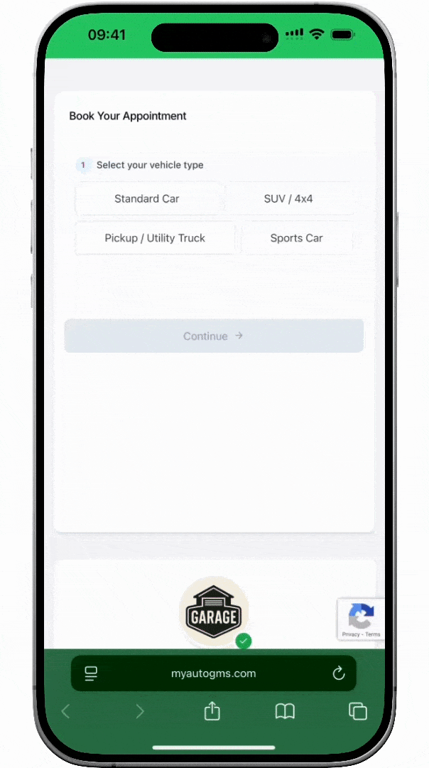Mobile-first garage booking interface showing service selection, vehicle type chooser, date picker, and instant appointment confirmation for auto repair shops