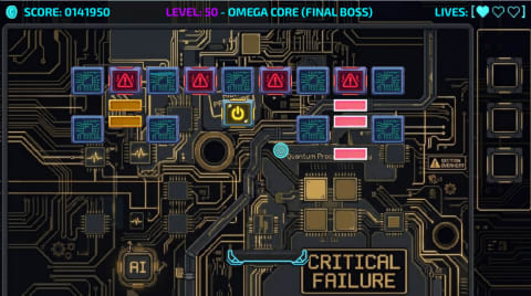 Gameplay screenshot of System Breach: Protocol showing Level 50 Omega Core Final Boss.