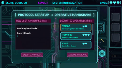 Cyberpunk terminal user interface in System Breach Protocol showing operative selection screen with command prompt for entering ID hash