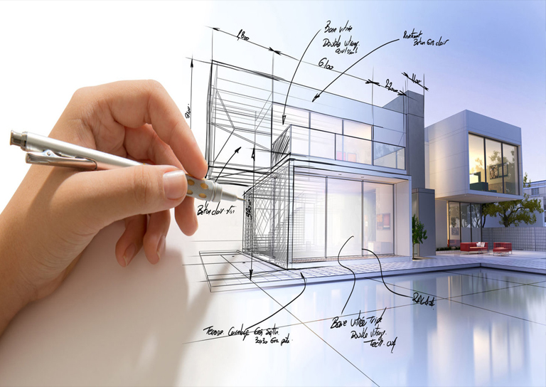 Kiến trúc sư đang làm việc trên bản vẽ thiết kế