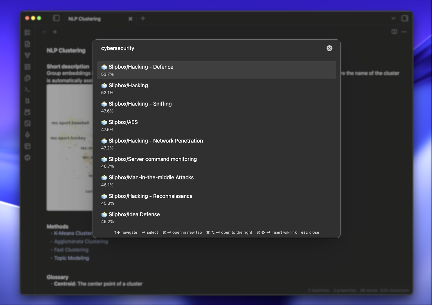 Screenshot of the Obsidian plugin surfacing semantically related notes in a modal
