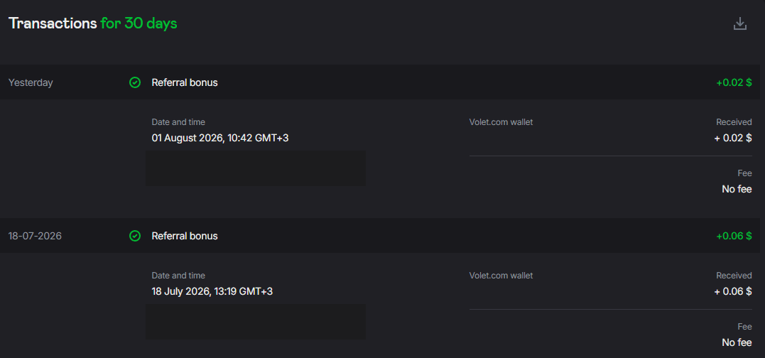 Two referral bonus credits in a real Volet.com account, 0.02 USD and 0.06 USD, both with no fee deducted