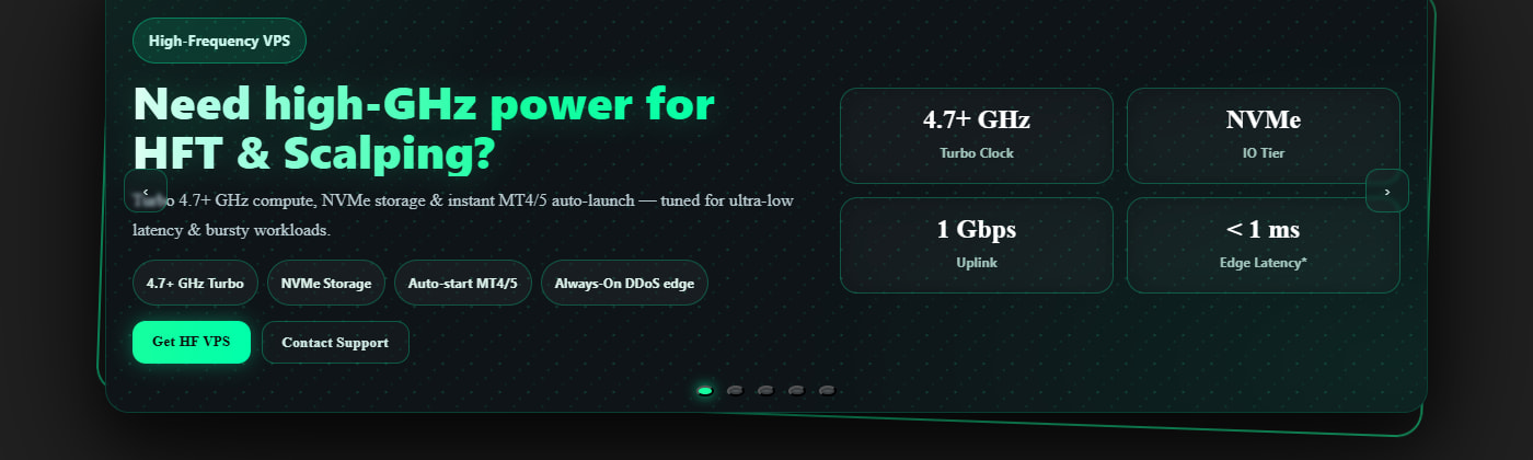 FxSVPS high-frequency VPS specs: 4.7+ GHz turbo, NVMe storage, 1 Gbps uplink, under 1ms edge latency