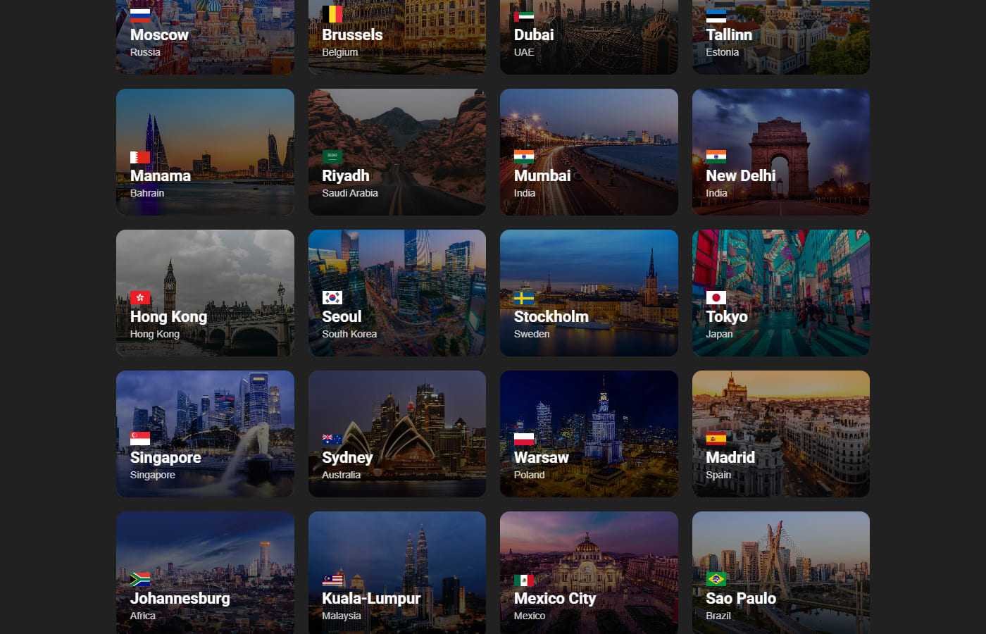FxSVPS data center location list including Tokyo, Singapore, Hong Kong, Seoul and Sydney