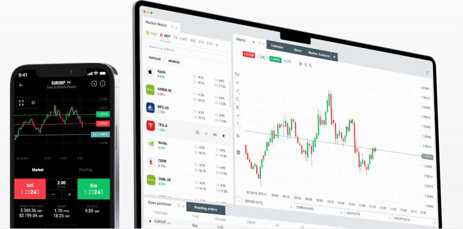 XTB xStation 5 platform on desktop and mobile, showing the Market Watch panel and price charts