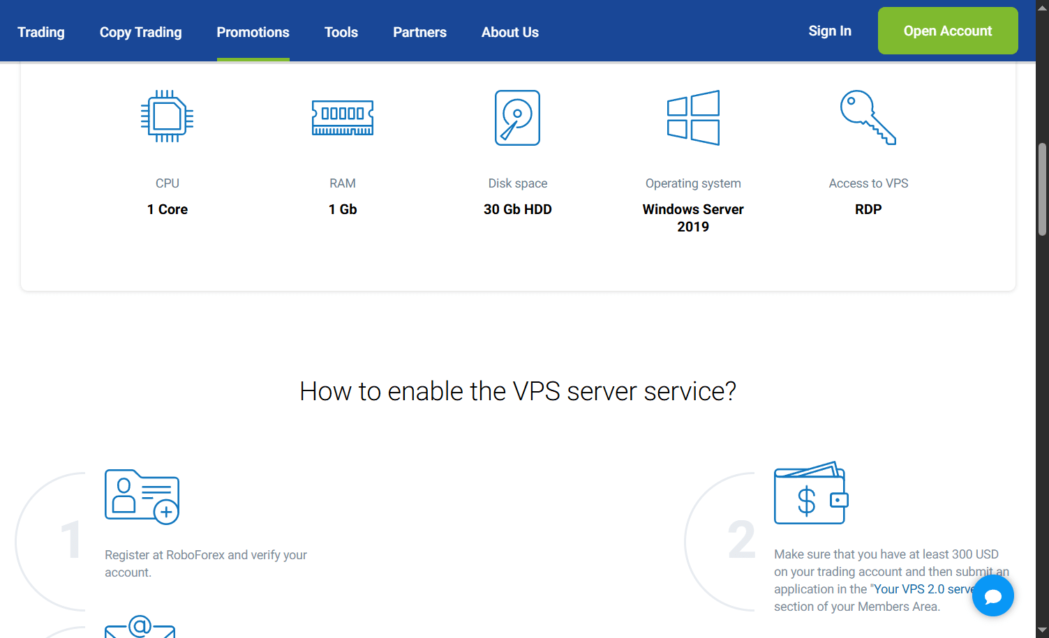 RoboForex's free VPS hardware specs: 1 CPU core, 1 GB RAM, 30 GB HDD, Windows Server 2019, RDP access