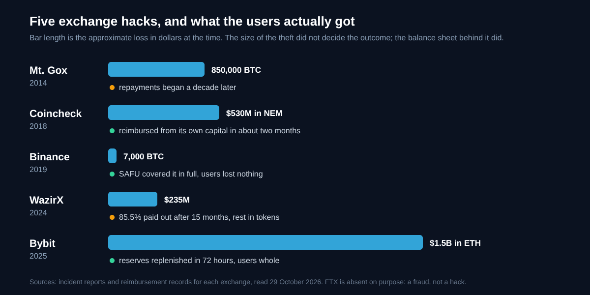 Bar chart of five exchange hacks by dollar size at the time with each outcome: Mt. Gox 2014, 850,000 BTC, repayments began a decade later; Coincheck 2018, 530 million dollars, reimbursed in about two months; Binance 2019, 7,000 BTC, covered by SAFU; WazirX 2024, 235 million dollars, 85.5 percent paid after 15 months; Bybit 2025, 1.5 billion dollars, users whole in 72 hours