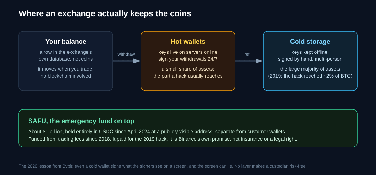 Diagram of exchange custody: your balance is a database entry; hot wallets with online keys sign withdrawals and hold a small share of assets; cold storage holds the majority offline; Binance's SAFU fund sits separately as about one billion dollars in USDC at a public address