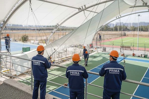 Tim Prima Membrane sedang mengerjakan proyek kanopi membrane