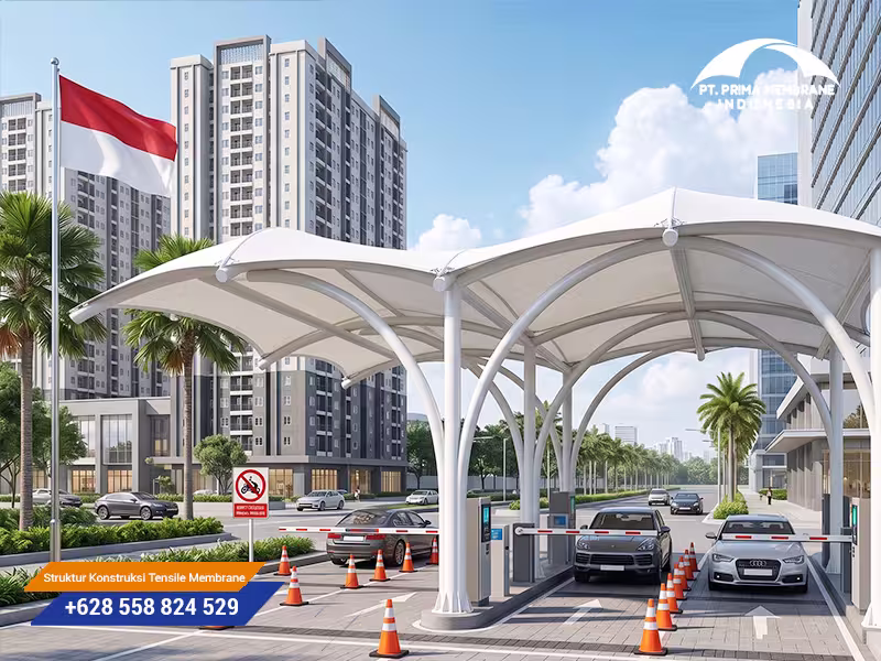Desain struktur tensile kanopi membrane gate perumahan mewah