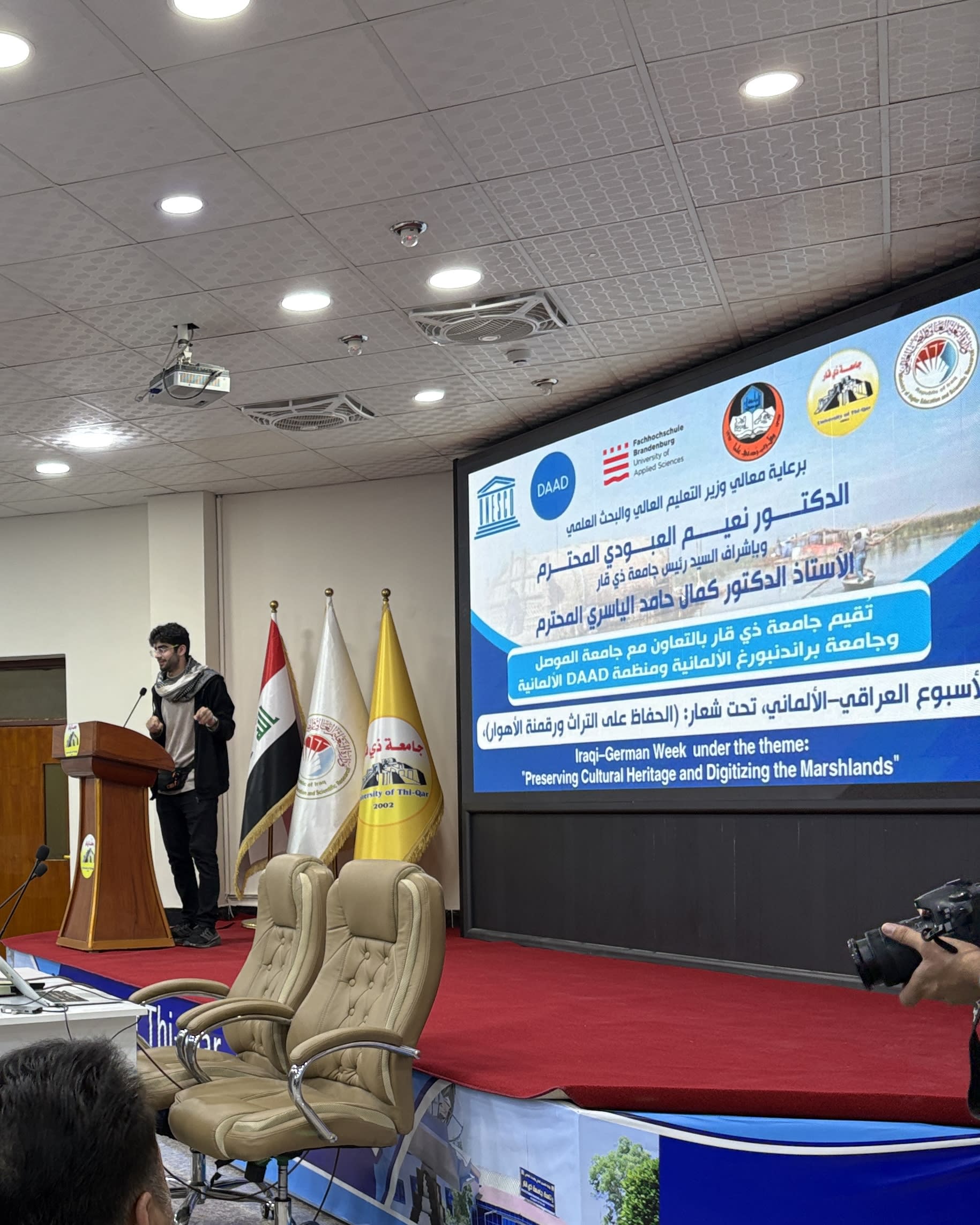 Adil talking about project outputs, DAAD-supported preserving Al Chibayish heritage