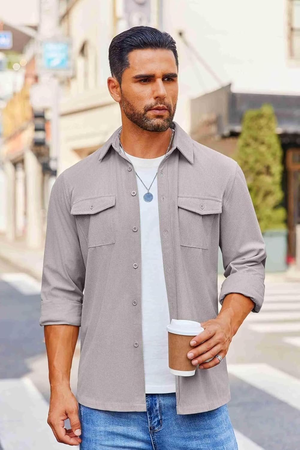 Men’s Light Grey Regular Fit Full Sleeve Shirt with Two Pockets