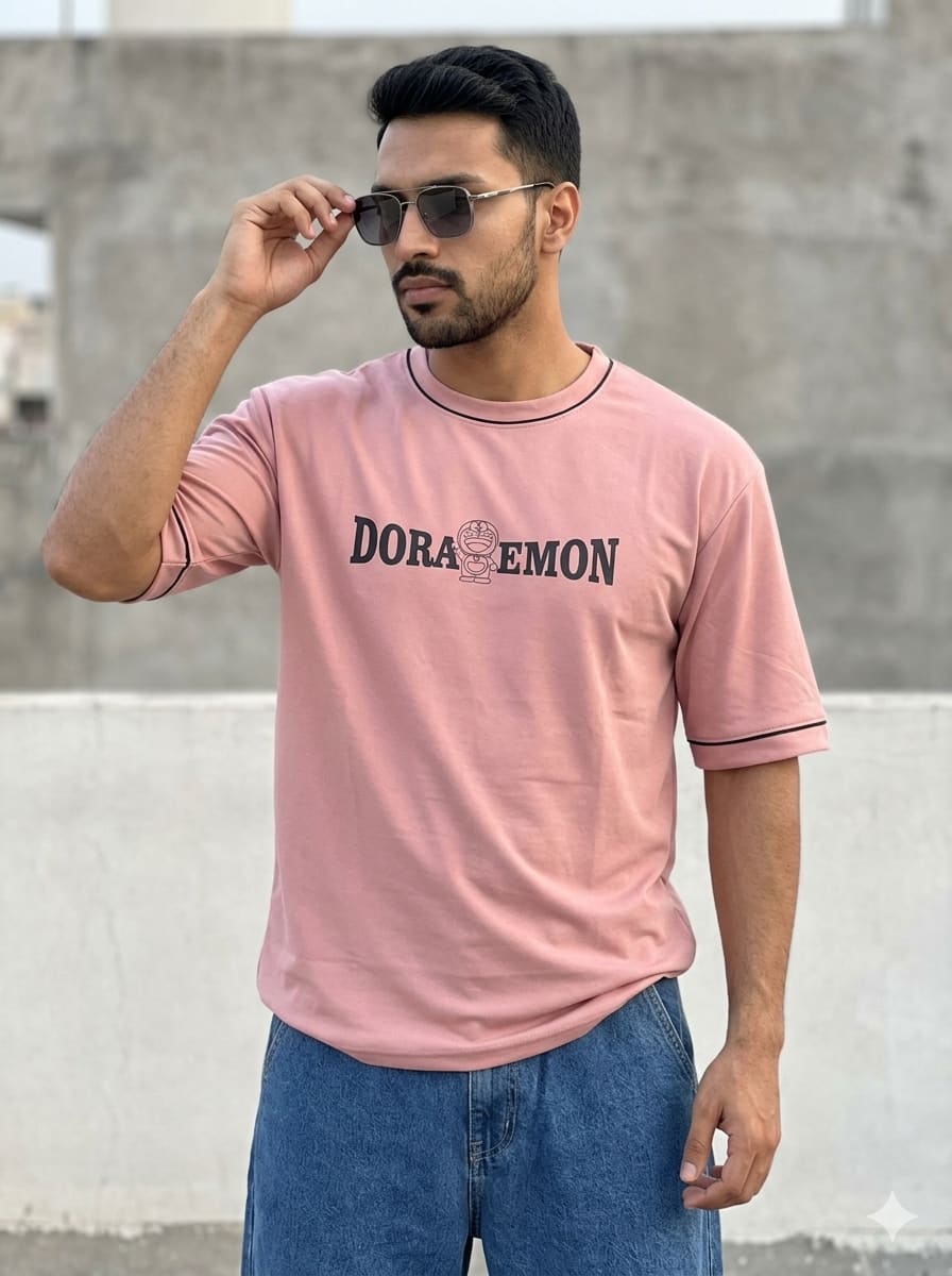 Men’s Light Pink Oversized Graphic Tee – Round Neck Half Sleeve 100% Cotton Casual Streetwear T-Shirt