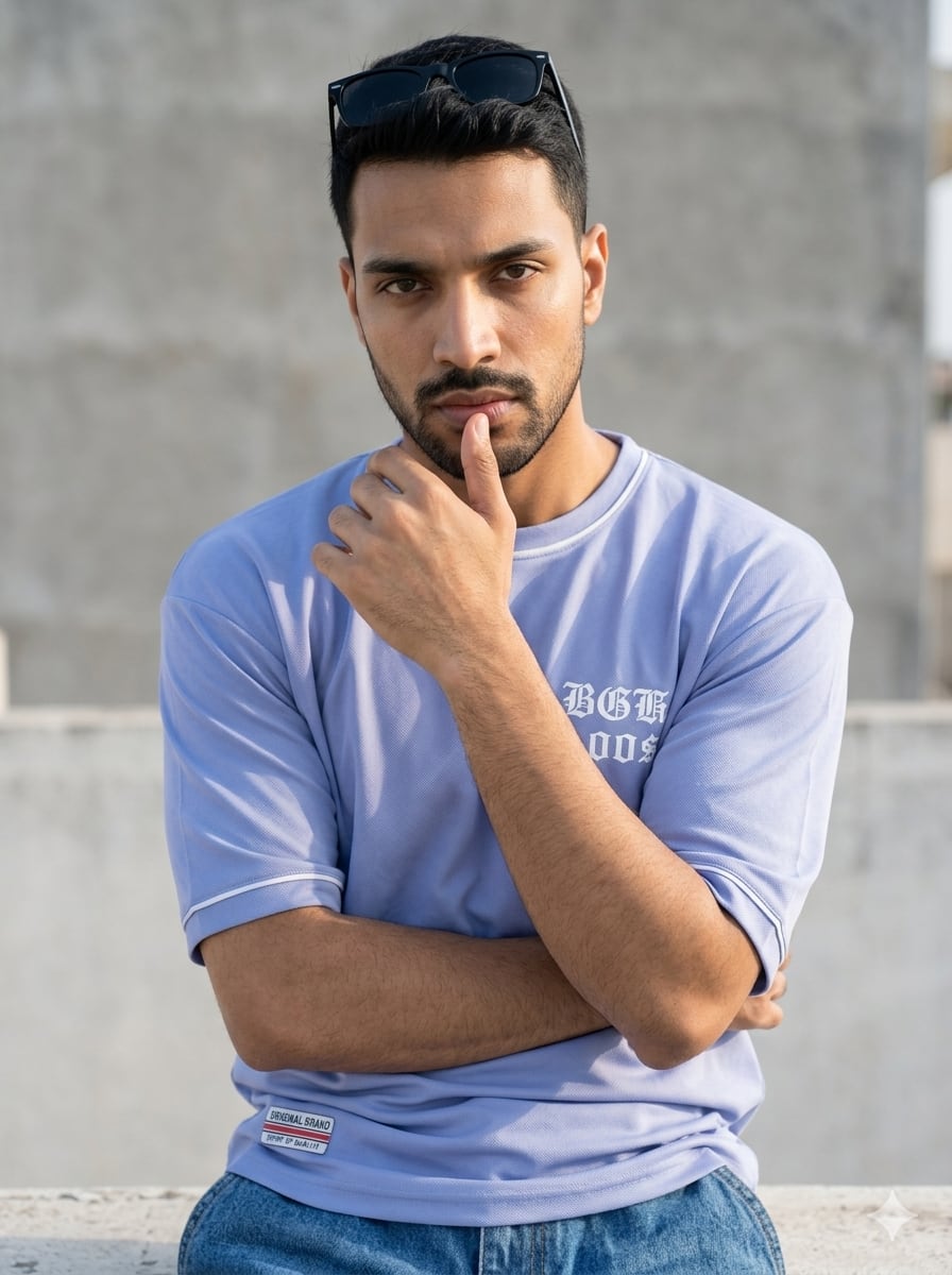 Oversized Powder Blue Fashion Graphic Tee for Men