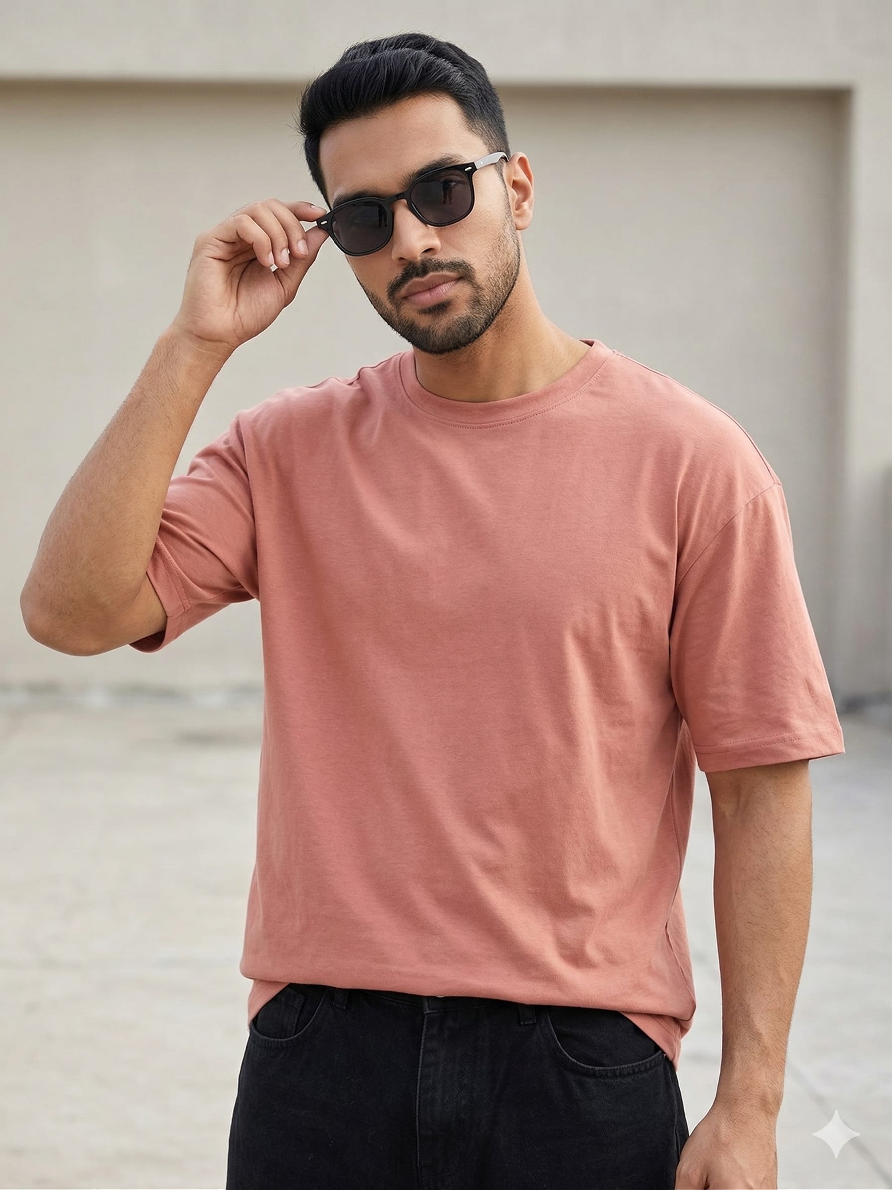 Men’s Salmon Pink Oversized Solid T-Shirt – Cotton Round Neck Half Sleeve Gen Z Casual Wear