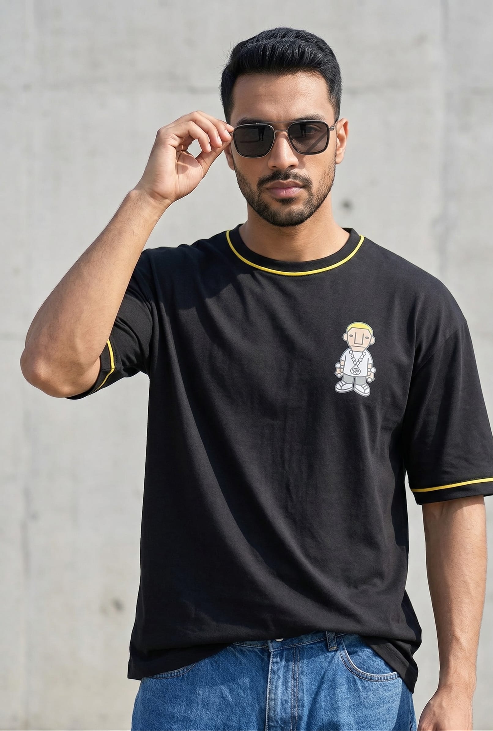 Men’s Black Oversized Graphic Print Off Shoulder T-Shirt – Poly Cotton Round Neck Half Sleeve Gen Z Streetwear