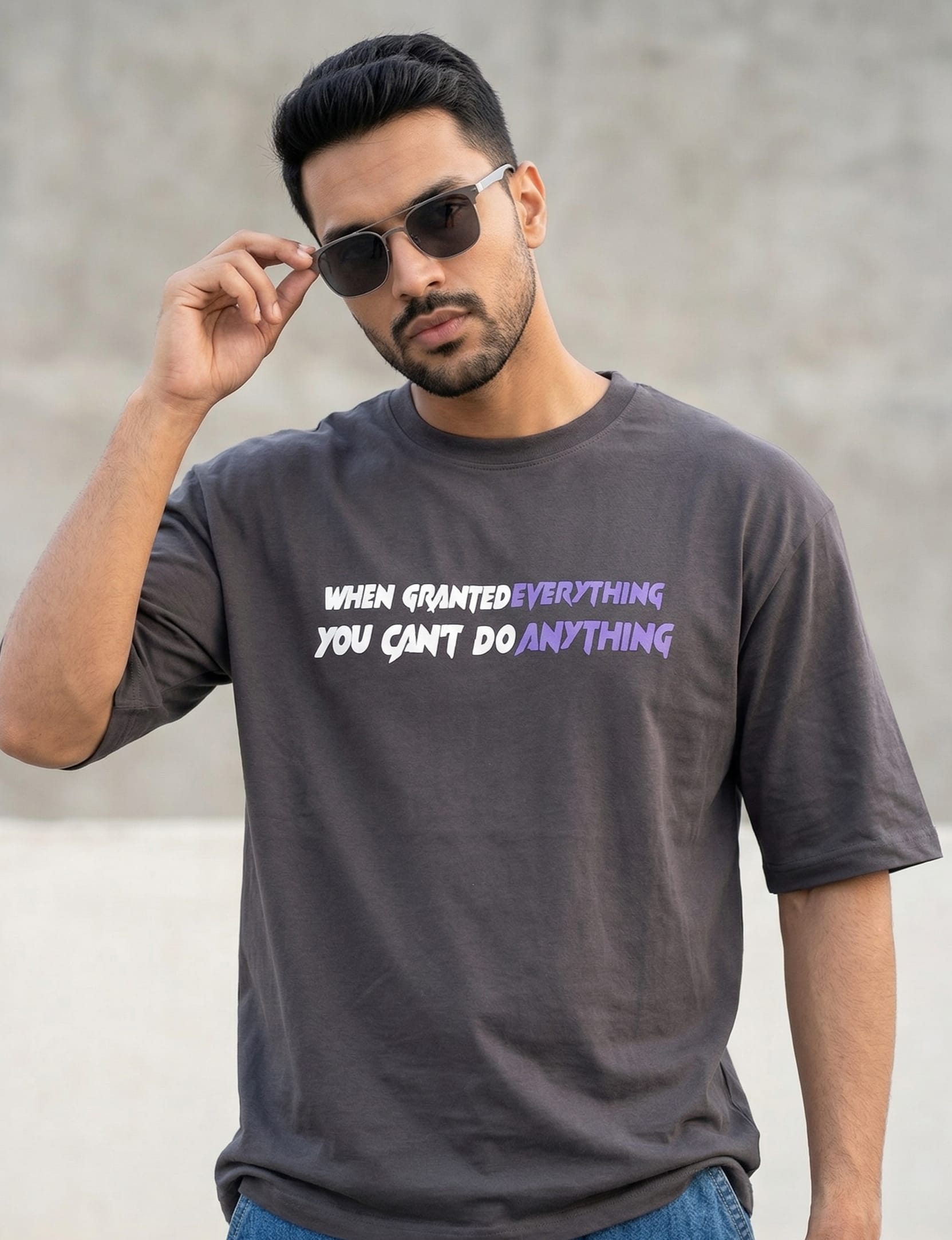 Gen Z Charcoal Grey Oversized Graphic Print T-Shirt for Men – Poly Cotton Half Sleeve Streetwear