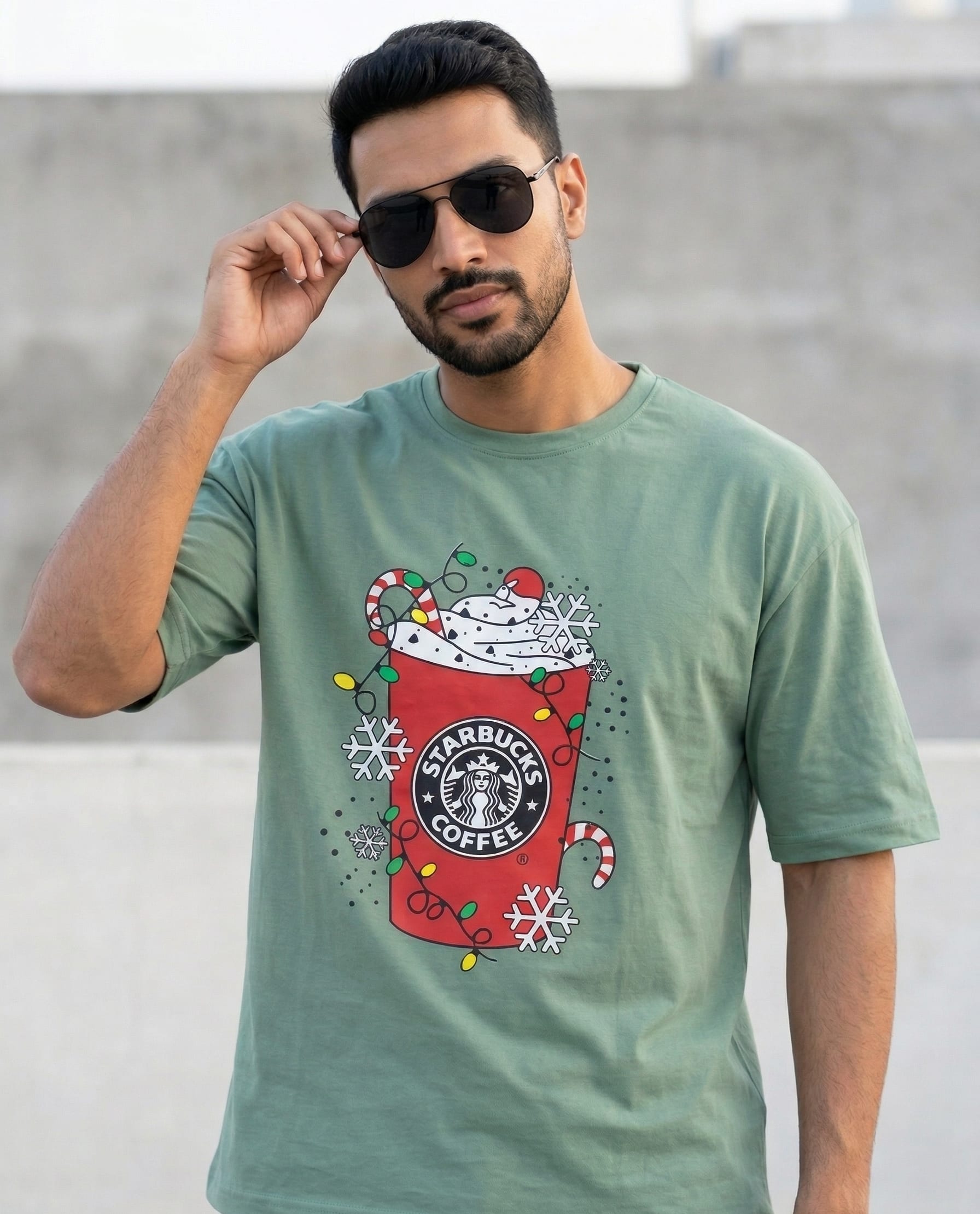 Pista Green Off-Shoulder Graphic Print T-Shirt for Men – Oversized Fit Poly Cotton