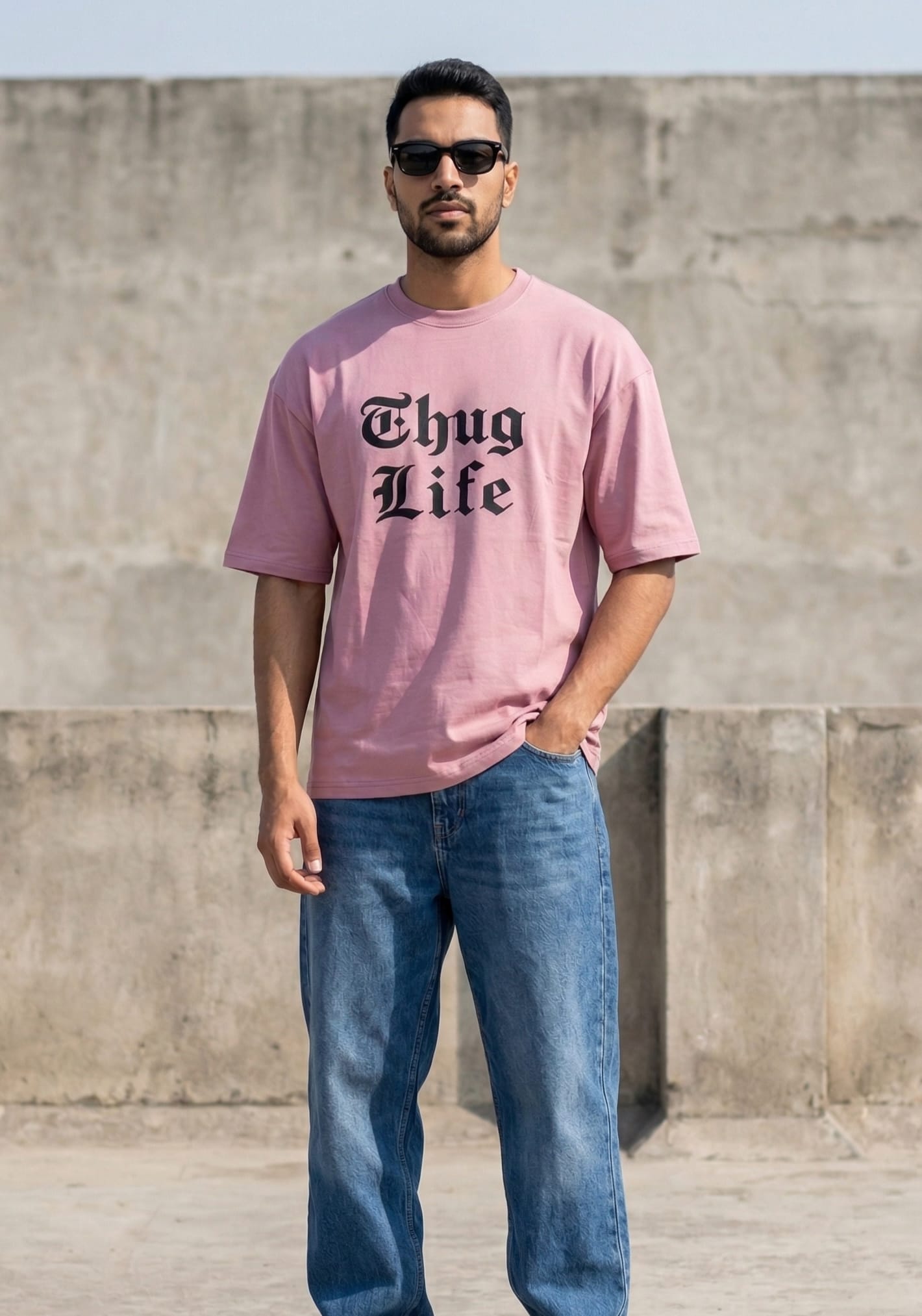 Men’s Oversized Pastel Pink Off-Shoulder Tee – Graphic Print Streetwear Style