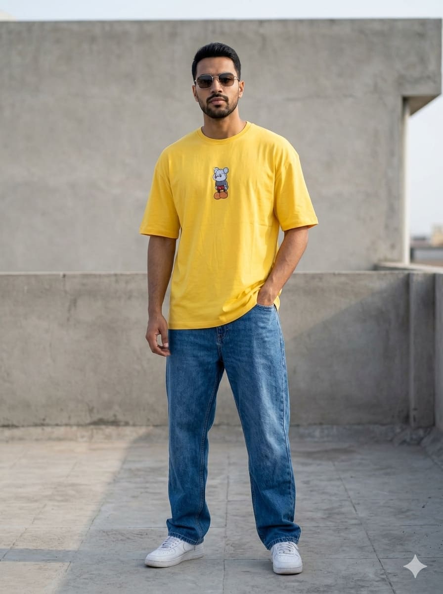 Yellow Oversized Cotton Graphic T-Shirt for Men | Off Shoulder Fit | Gen Z Casual Streetwear