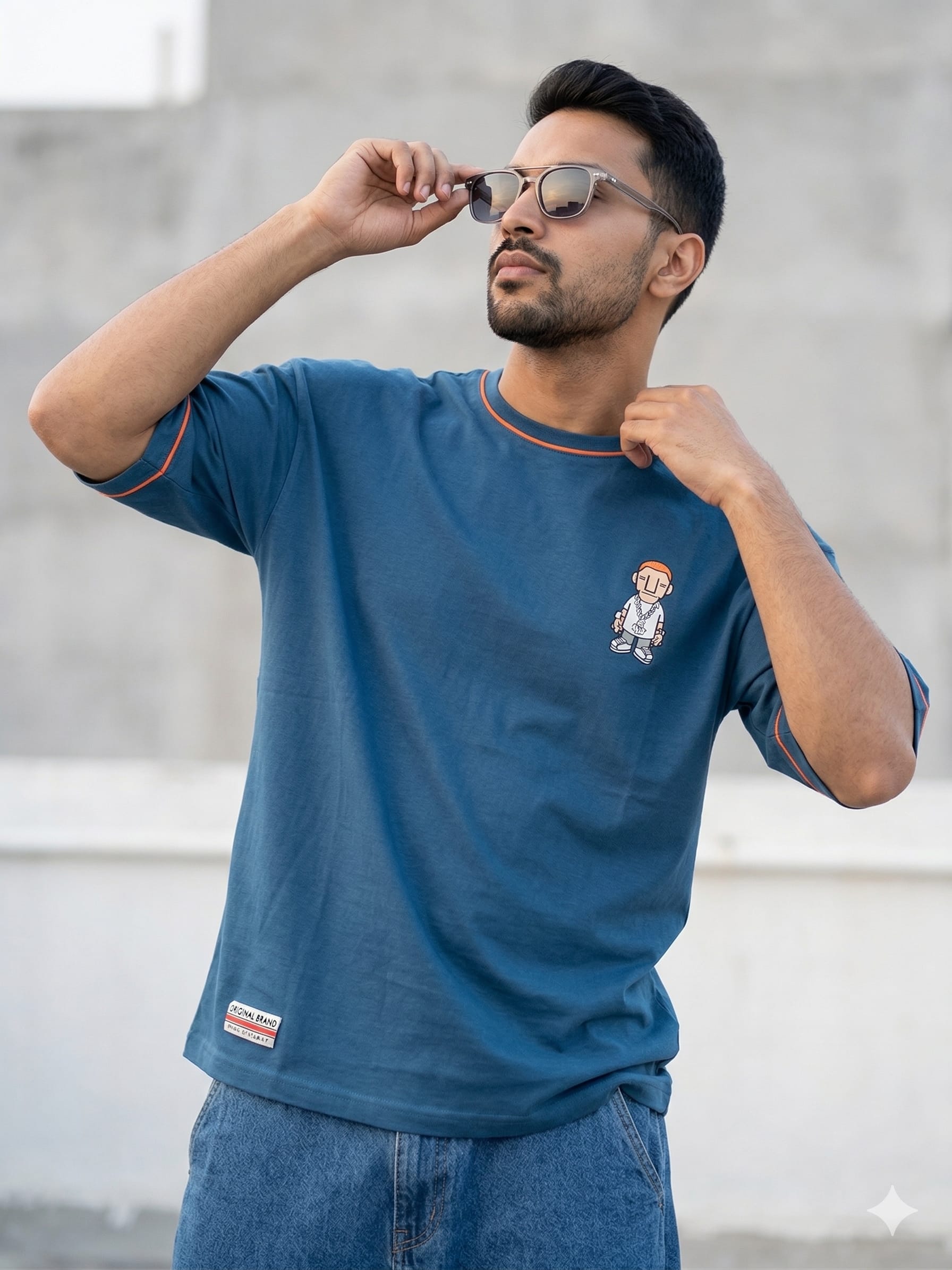 Men’s Streetwear Teal Blue Oversized Tee – Off-Shoulder Graphic Print PolyCotton Blend