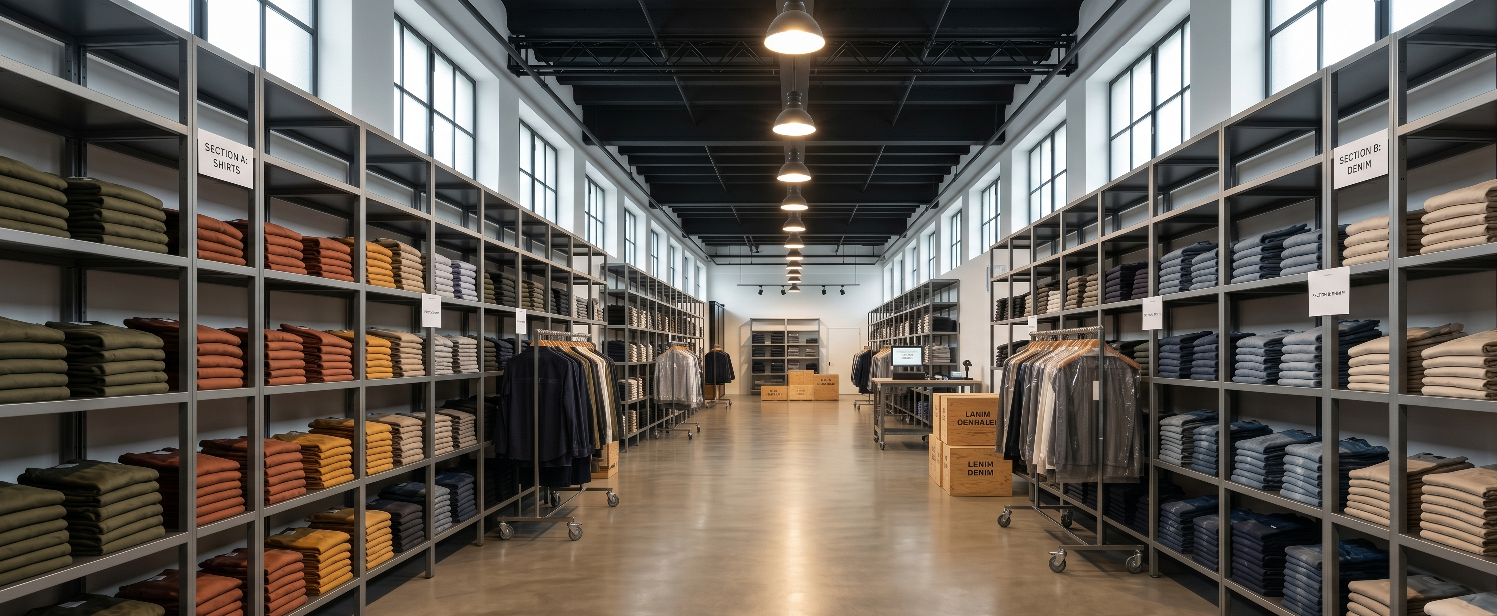 Premium men's fashion warehouse with bulk apparel inventory for wholesale buyers