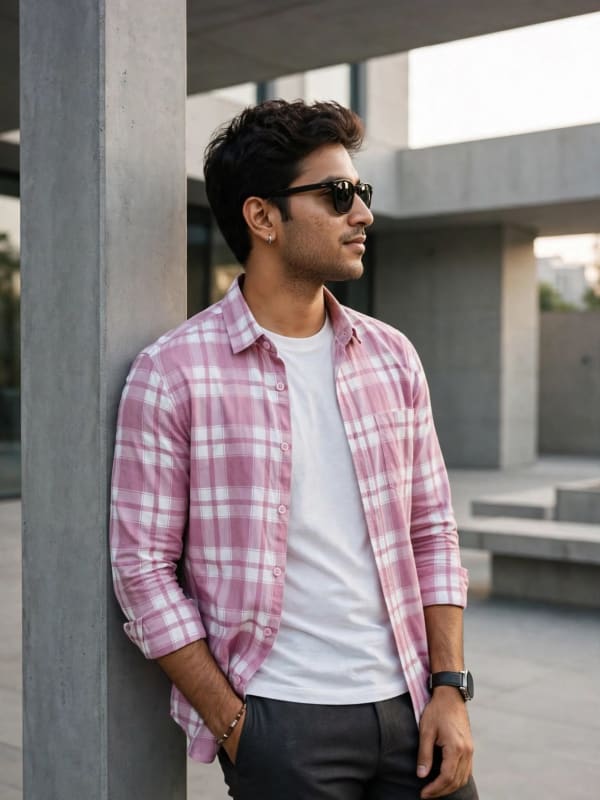 Men's Pink & White Plaid Casual Long-Sleeve Shirt