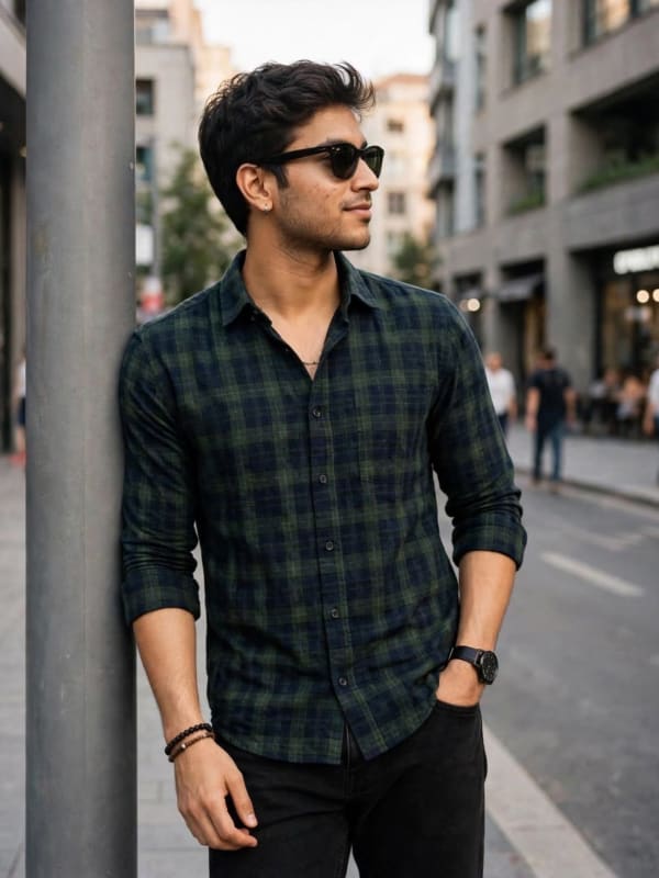 Men's Green and Black Checked Casual Cotton Shirt