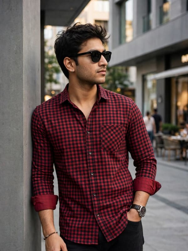 Modern Fit Red & Black Check Casual Shirt