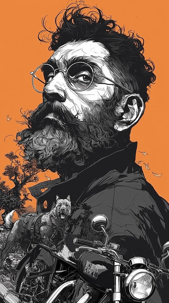 Cinematic Caucasian Man Bearded Portrait Motorcycle - Midjourney AI Art Prompt for Image Generation