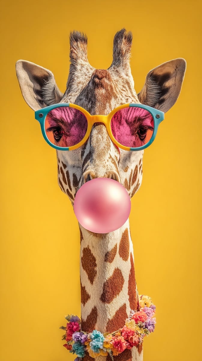 Giraffe Wearing Sunglasses Bubble Gum Portrait - Midjourney AI Art Prompt for Image Generation