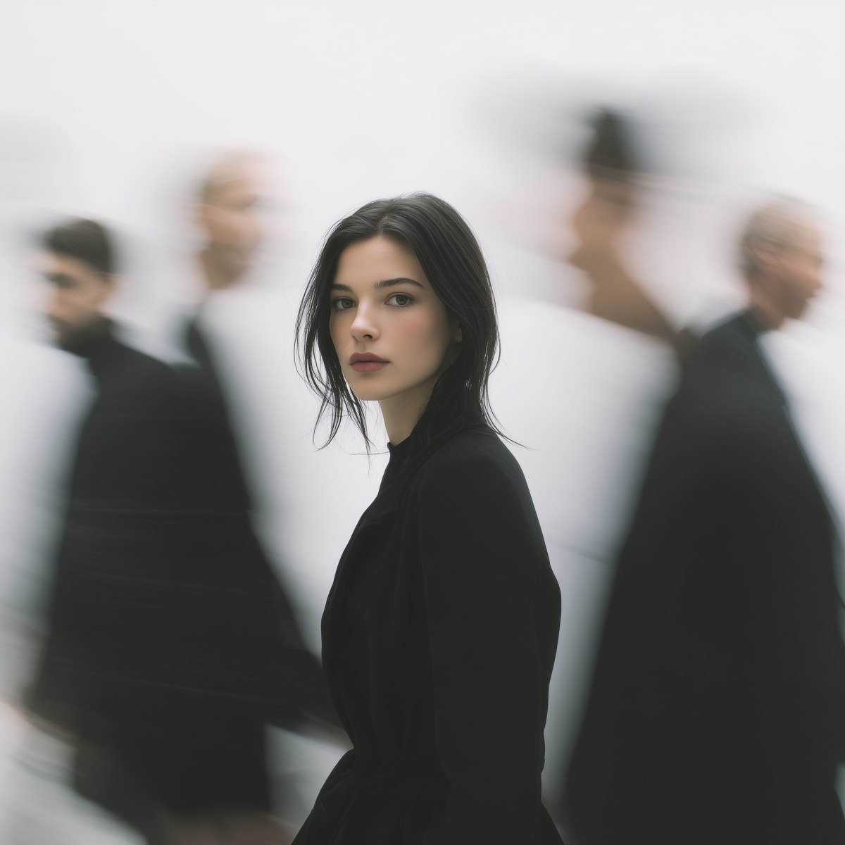 Cinematic Caucasian Woman Black Outfit Fashion Portrait - Midjourney AI Art Prompt for Image Generation