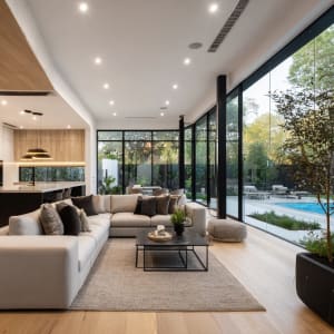 Modern Living Room with Pool View