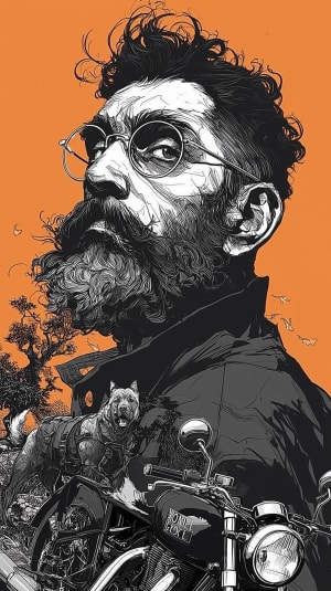 Stylized Portrait of a Bearded Man with Motorcycle